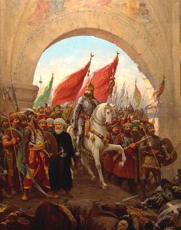 Ottoman Sultan Mehmet II enters Constantinople, 1453,  by Fausto Zonaro (1854-1929) Location TBD.